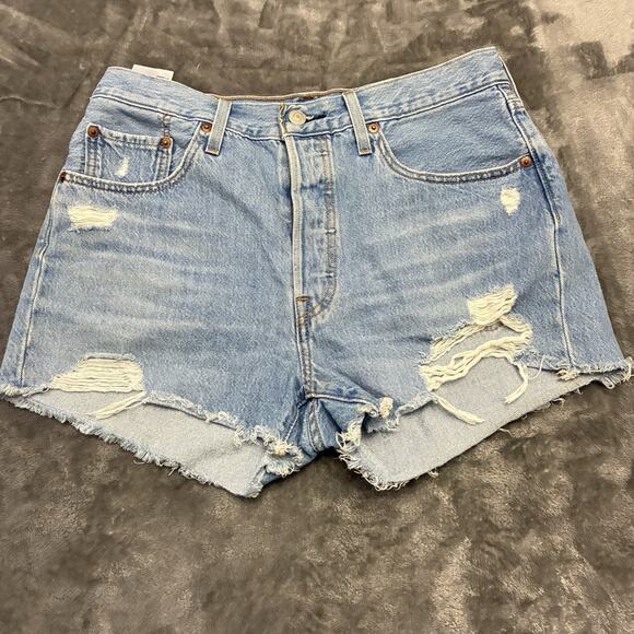 Levi's 501 Jean Shorts Womens Sz.29 Blue Daisy Duke Button Fly Distressed Denim - Picture 1 of 9